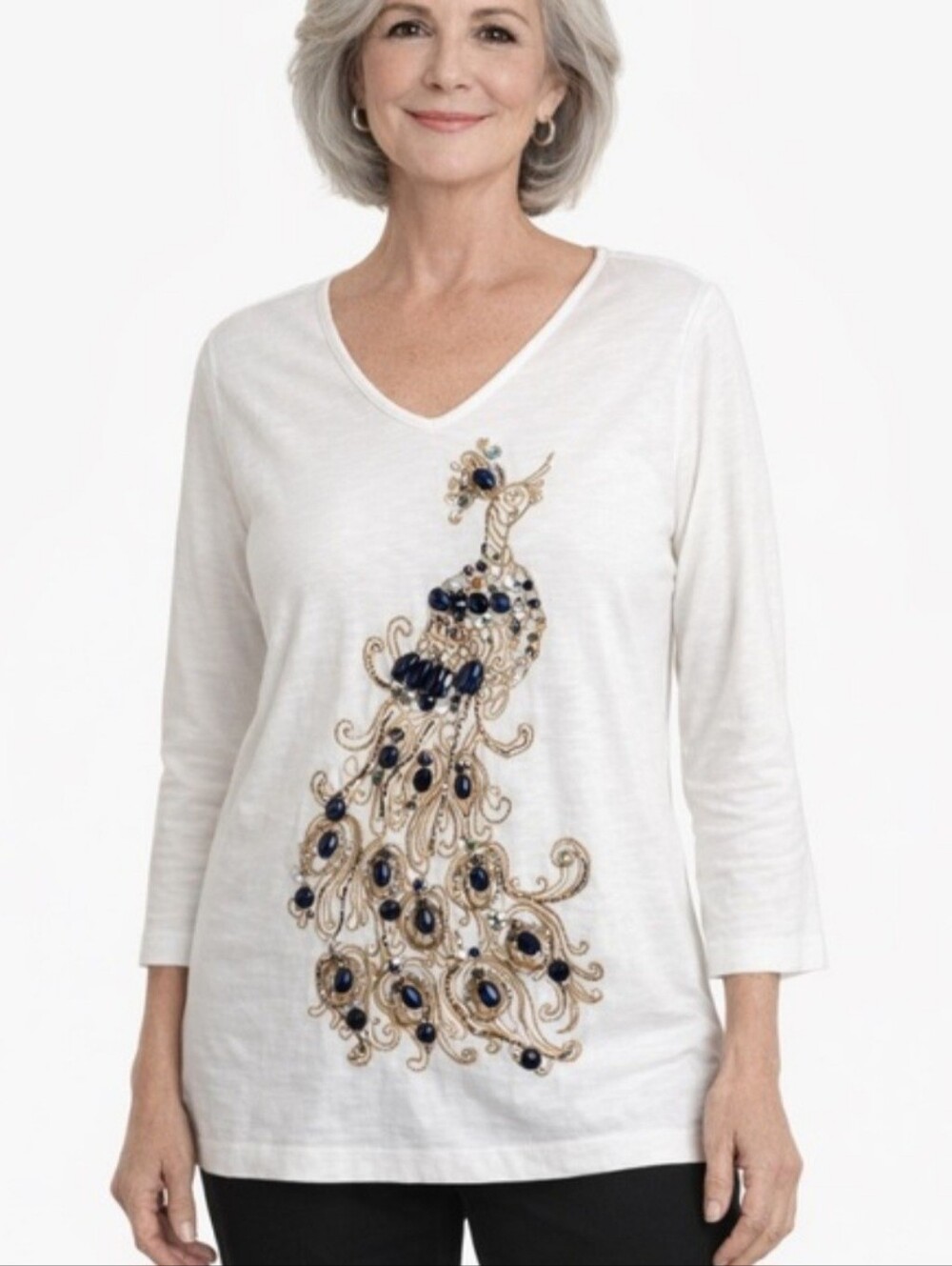 Chico's Peacock Bling Smooth Scoop 3/4 Sleeve Top  Size S NWT